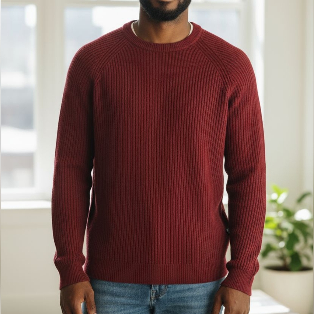 Bass Mens Burgundy Cotton Cable Knit Crew Neck Sweater M